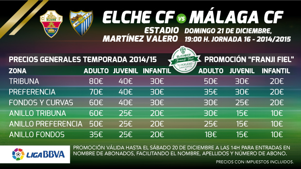 Precios generales para las entradas ante el Málaga | Elche CF | Web Oficial