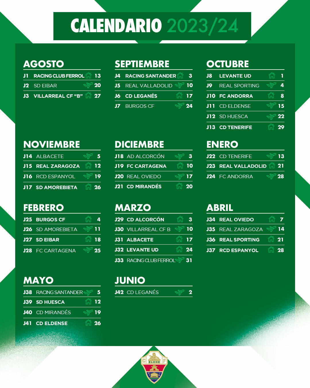 El calendario del Elche C.F. Para la temporada 2023/24