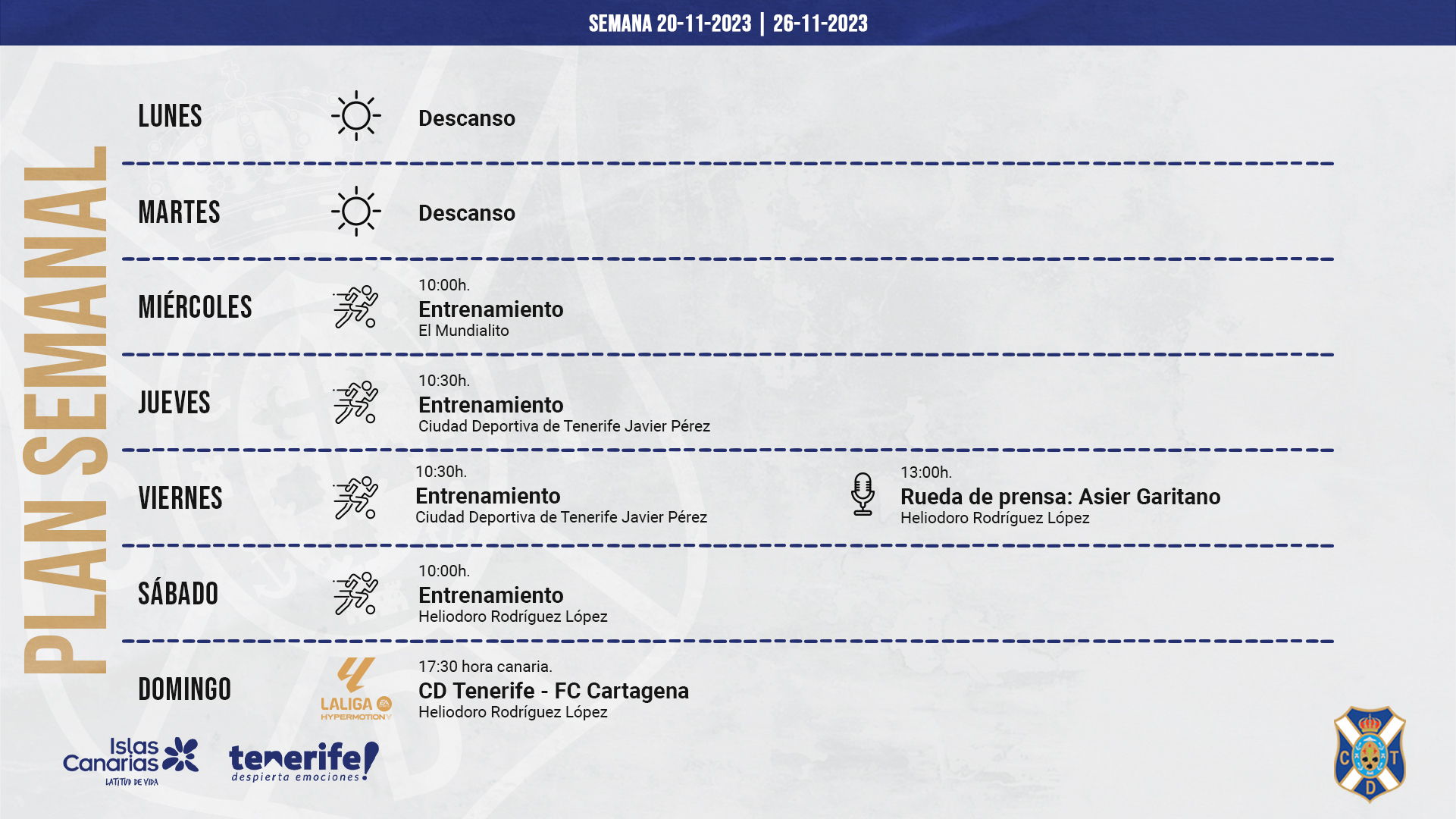Plan semanal para afrontar la visita del FC Cartagena CD Tenerife