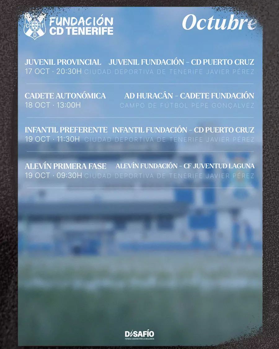 Agenda de partidos del Área de Fútbol Base de la Fundación CD Tenerife para el fin de semana del 17 al 19 de octubre de 2025