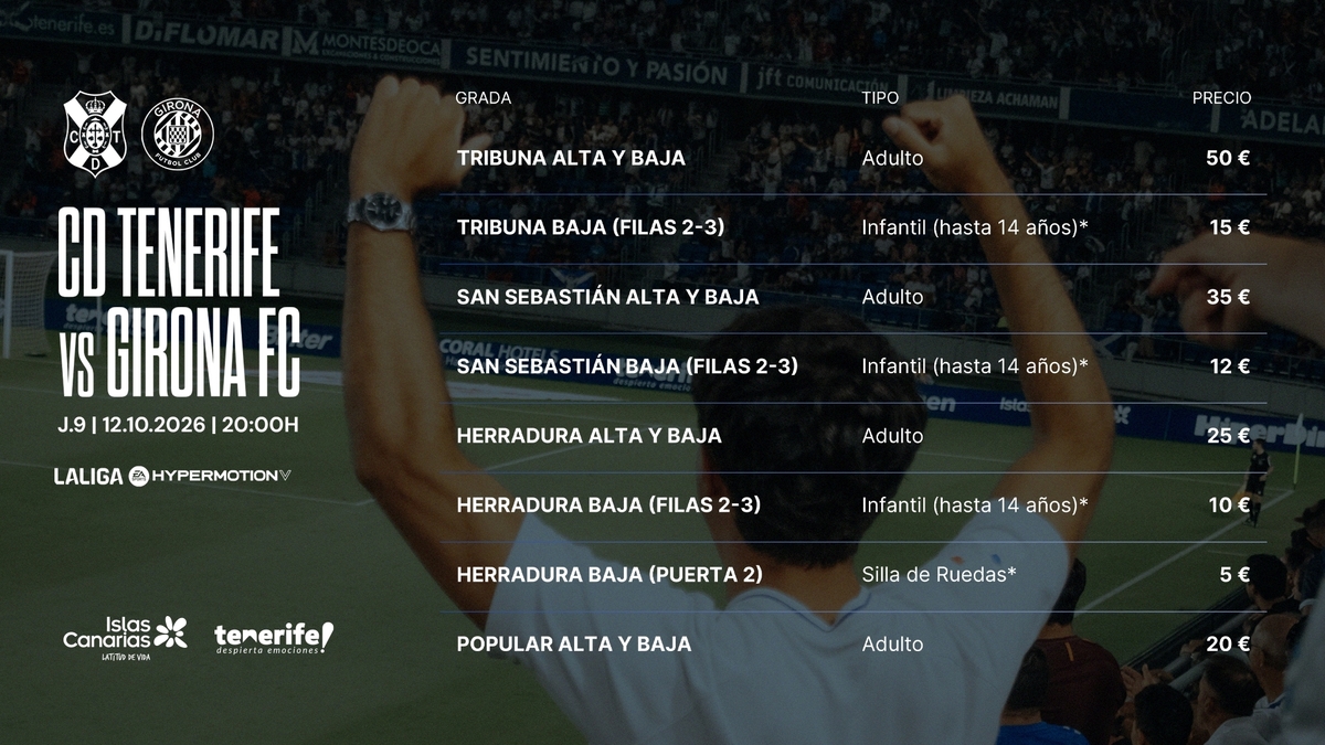 A partir de este lunes, disponibles las localidades del partido #TenerifeGirona